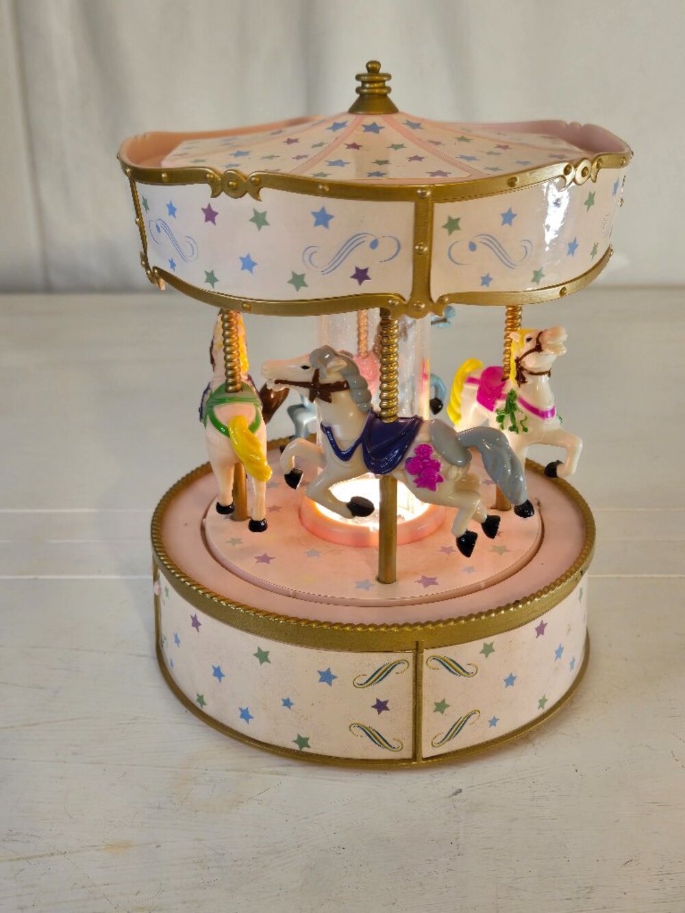 Lighted Carousel Figurine Pink Pastel Horses Plastic Nursery Decor Plays Music